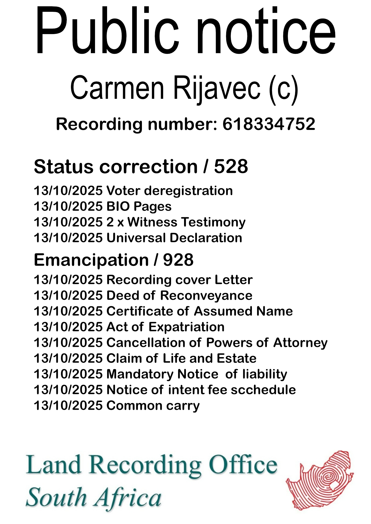 Public notice Carmen Rijavec Recording number 618334752